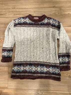 Women's Fair Isle Cable Crewneck Sweater - Cream & Brown